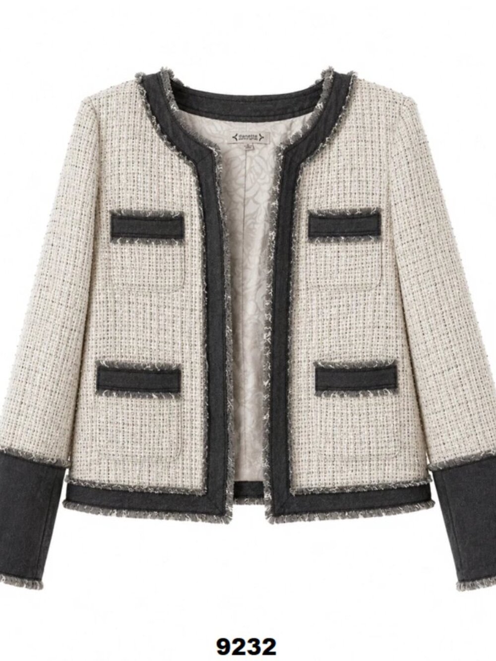NWT Nanette Lepore Women’s Medium Ivory/Black Tweed Denim Frayed Sequined Jacket